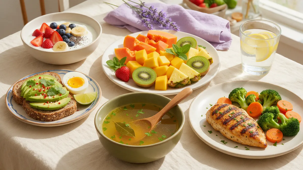 Caldo, huevos, pollo con verduras y ensalada